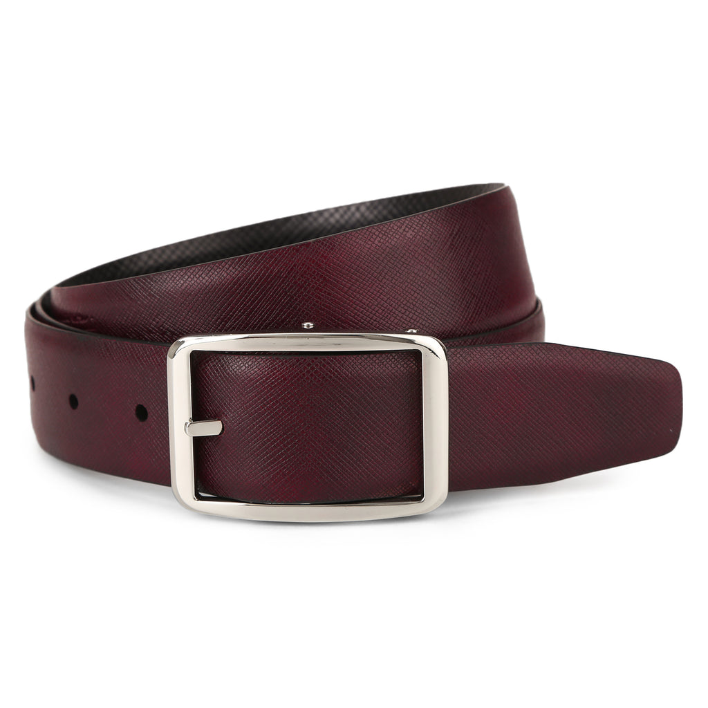 Reversible belt in burgundy saffiano and black leather